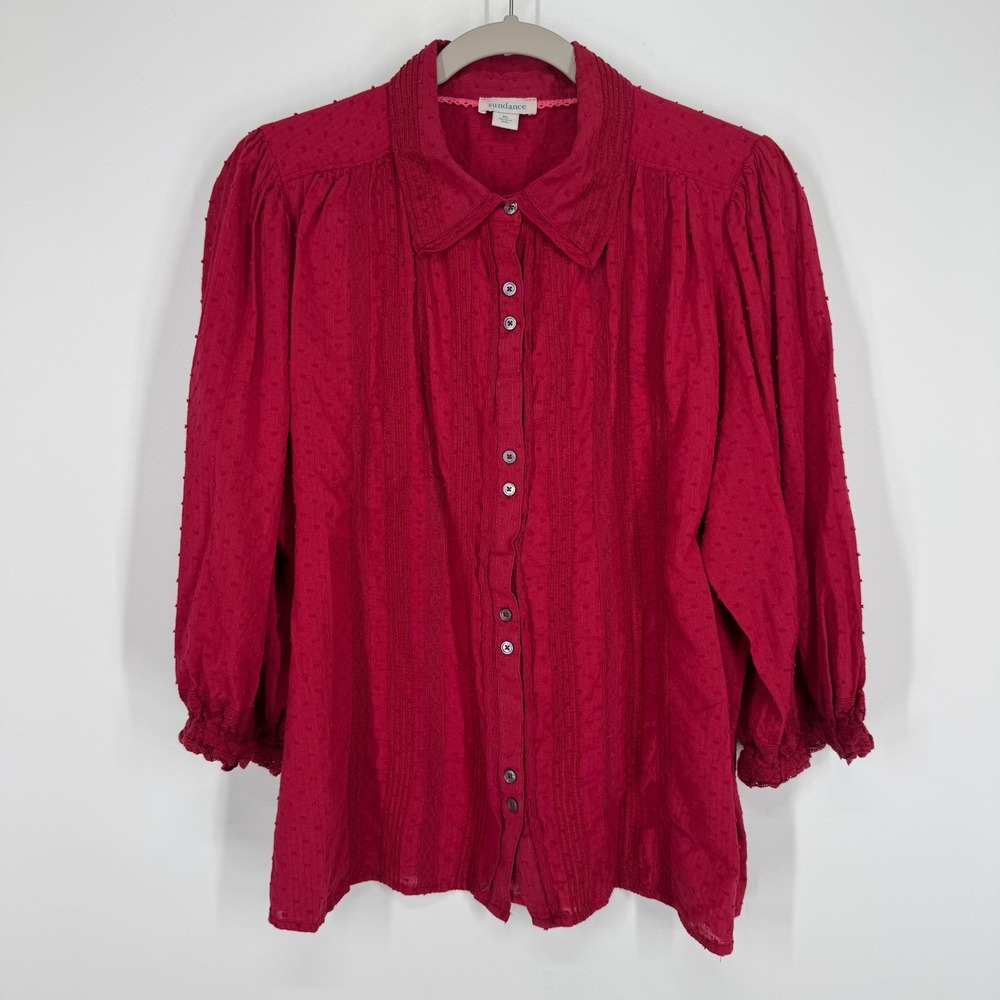 Sundance XL Boho Swiss Dot Lace Button Cotton Shirt Cranberry Red Puff Sleeve